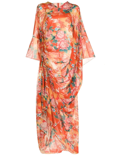 Junya Watanabe Asymmetric Ruched Floral-print Cotton-voile Maxi Dress In Orange