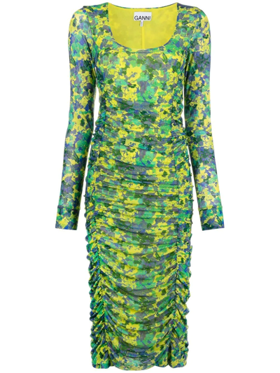 Ganni Ruched Printed Stretch-mesh Midi Dress In Lime Green