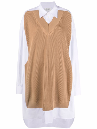 Maison Margiela White Cotton Mini Dress In Brown