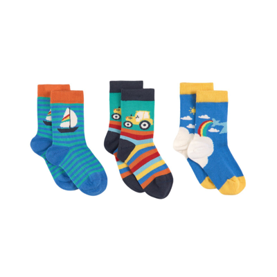 Frugi Kids'  3-pack Socks Rainbow Transport In Blue