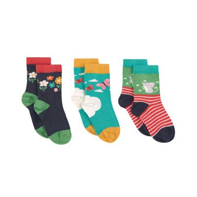 Frugi Kids'  3-pack Socks Daisies/mouse In Blue