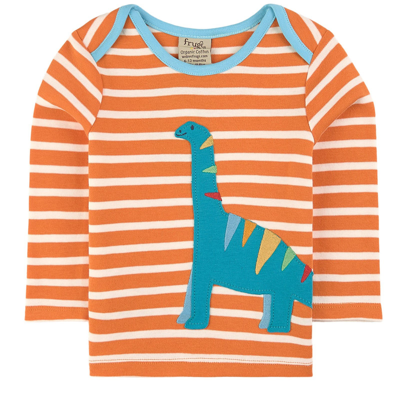 Frugi Kids'  Bobby Applique T-shirt Marigold Stripe/dino In Orange