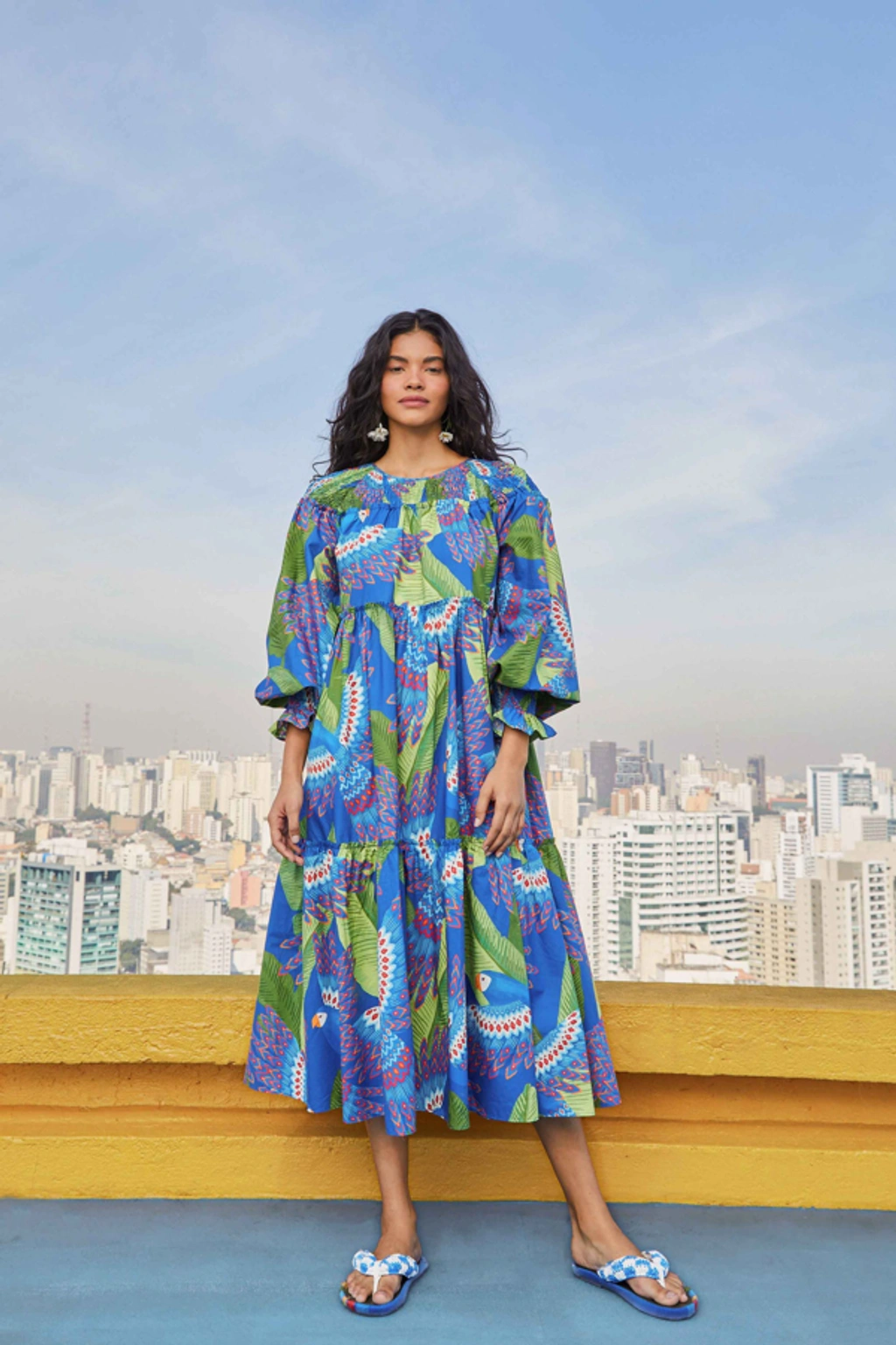 Farm Rio Blue Macaw Long Sleeve Midi Dress In Multi | ModeSens
