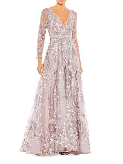 Mac Duggal Semi-sheer Floral-embroidered Gown In Lilac
