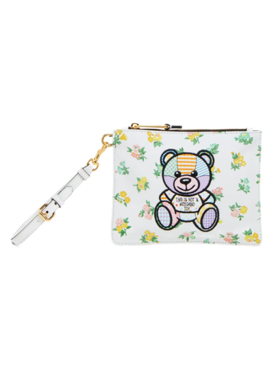 Moschino Teddy Floral-print Canvas Clutch In White Multi