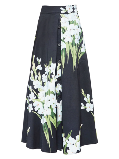 Carolina Herrera Floral Button-front A-line Midi Skirt In Black Multi