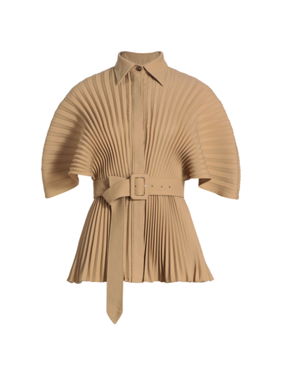 Brandon Maxwell Pleated Button-up Top W/ Belt In Khaki