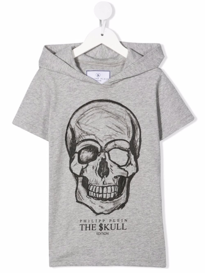 Philipp Plein Junior Kids' Skull-print Hooded T-shirt In Grey