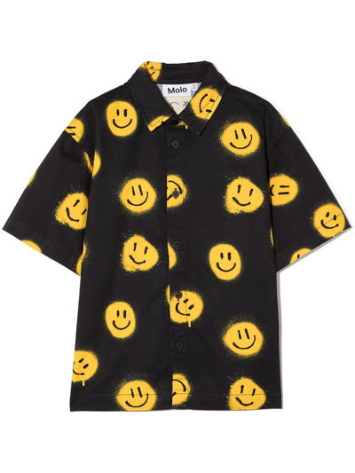 Molo Kids' Smiley-face Print Short-sleeved Shirt In Black