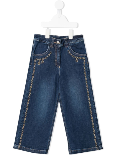 Aigner Kids' Chain Link-print Wide-leg Jeans In Blue