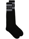 Versace Short Socks W/ Striped Logo Cuff In Nero+bianco