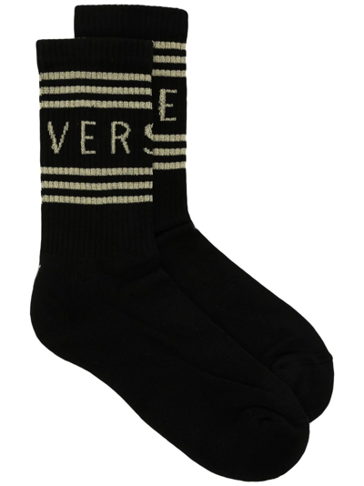 Versace Striped Logo-print Ankle Socks In Black