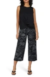 Ellen Tracy Palm Outline Smocked Crop Pants In Black/ White Leaf