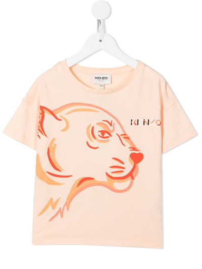 Kenzo Kids' Tiger-print Short-sleeved T-shirt In Orange