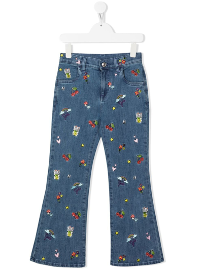 Gcds Kids' Flared Embroidered Jeans In Blue
