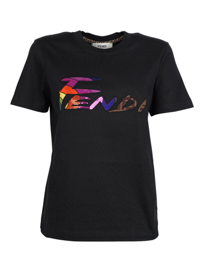 Fendi Logo Embellished Crewneck T-shirt In Black