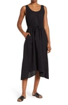 Nordstrom Rack Drawstring Waist Linen Blend Midi Dress In Black