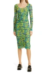 Ganni Ruched Printed Stretch-mesh Midi Dress In Sulphur Spring