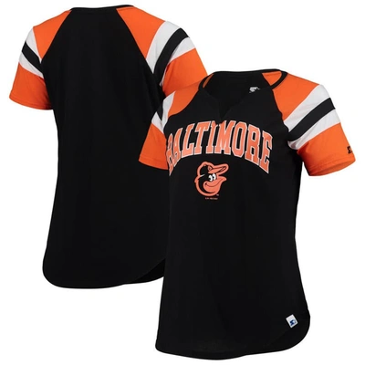 Starter Women's  Black, Orange Baltimore Orioles Game On Notch Neck Raglan T-shirt In Black,orange
