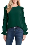 Cece Ruffle Sleeve Crepe Top In Alpine Green
