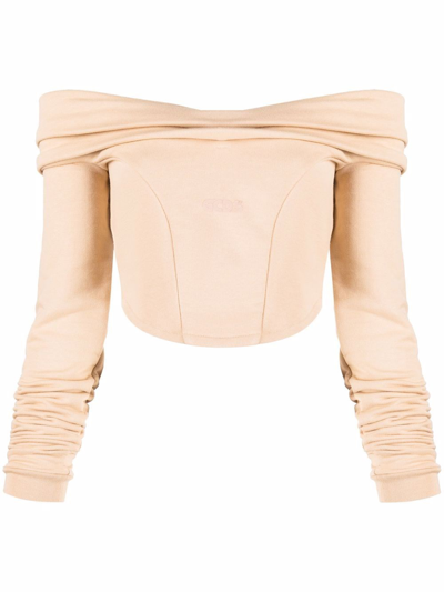 Gcds Couture Logo-print Off-shoulder Sweatshirt In Nude & Neutrals