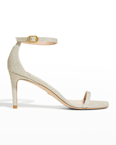 Stuart Weitzman Nudistcurve Glitter Ankle-strap Sandals In Platino