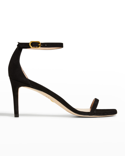 Stuart Weitzman Women's Squarenudist Suede Heel Sandal With Ankle Strap In Black