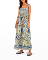Farm Rio Macaw Flight Smocked Tiered Hem Cotton Dress In Off-white Macaw F