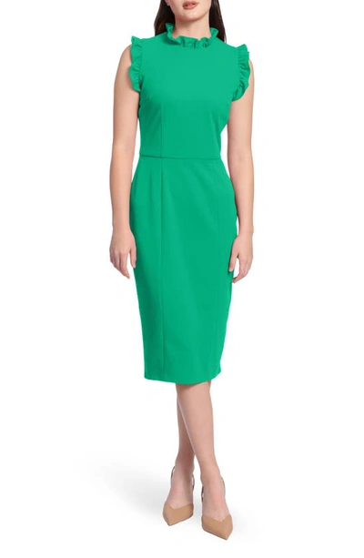 Maggy London Ruffle Mock Neck Sheath Dress In Pepper Green