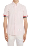 Thom Browne Short Sleeve Grosgrain Cuff Detail Cotton Seersucker Shirt In Light Pink