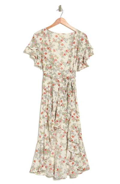 Max Studio Ruffle Crepe High/low Wrap Midi Dress In Ivory/ Petal/ Ivy Jasmine