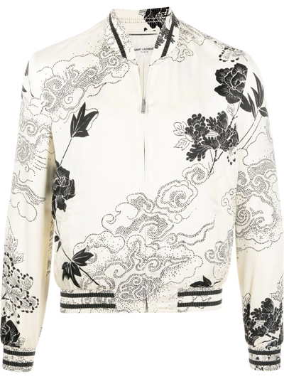 Saint Laurent Floral-print Bomber Jacket In Gesso/nero