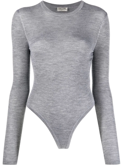 Saint Laurent Ribbed Knit Bodysuit In Grey