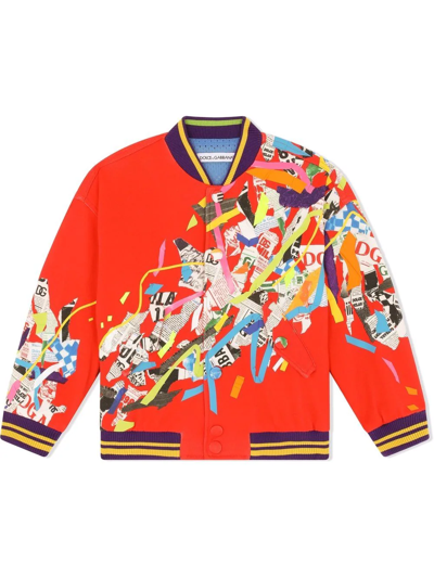 Dolce & Gabbana Kids' Jersey Bomber Jacket With Newspaper Patchwork Print In Multicolor