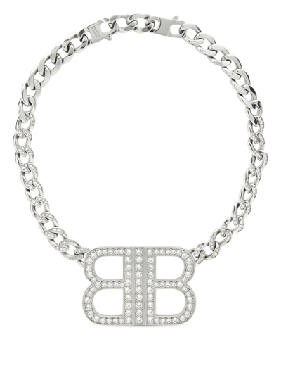 Balenciaga Bb 2.0 Silver-toned Brass Necklace In Silver/crystal