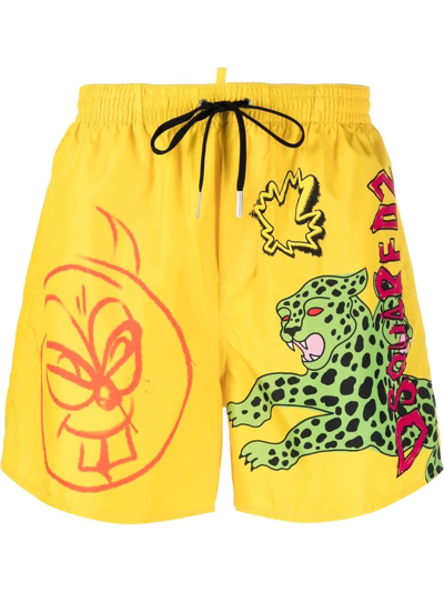 Dsquared2 Animal-print Drawstring-waist Swim Shorts In Yellow