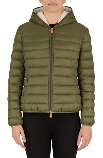 Save The Duck Gwen Cozy Faux Fur Trim Hooded Puffer Jacket In Dusty Olive