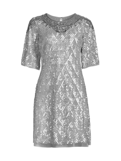 Aidan Mattox Fully Beaded Trapeze Mini Dress In Silver | ModeSens