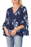Vince Camuto Floral Print Trumpet Sleeve Top In Classic Navy