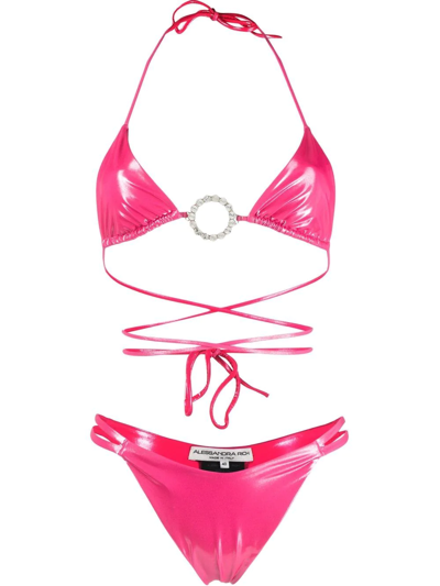Alessandra Rich Laminated Bikini Set With Jewel Embellishment In Fuchsia