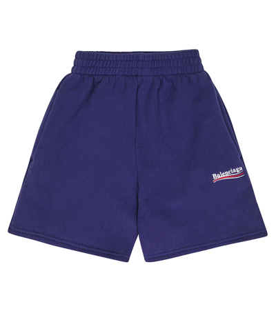 Balenciaga Kids' Logo Cotton Shorts In Pacific Blue/wt