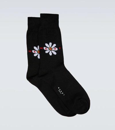 Marni White Daisy Cotton-blend Socks In Black