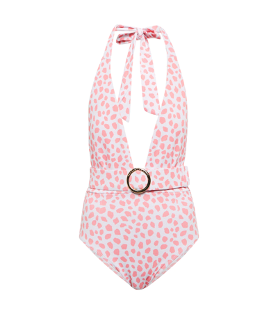 Alexandra Miro Eva Halterneck Belted Swimsuit In Leo Print Pink White