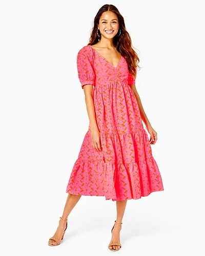 Fit And Flare, Babydoll Dress With V-neckline, Front Shirring Detail On Bodice, Short, Full Sleeves  Kina Babydoll Eyelet Midi Dress In Pink Size 14, Psychedelic Swirl Eyelet - Lilly Pulitzer In Pink