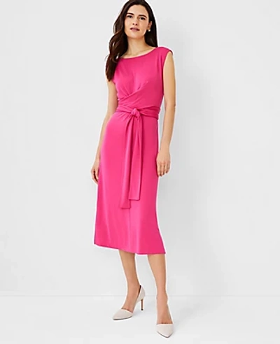 Ann Taylor Petite Cap Sleeve Tie Waist Midi Dress In Pink Flare | ModeSens
