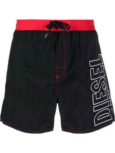 Diesel Embroidered-logo Swim Shorts In Black