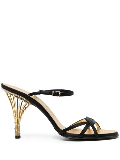 Ferragamo Creations Calipso 1956 Satin-trimmed Metallic Leather Sandals In Black
