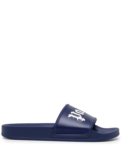 Palm Angels Pool Logo Rubber Slide Sandals In Blue