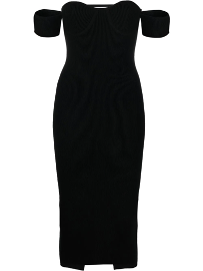 Helmut Lang Off-the-shoulder Ribbed-knit Midi Dress In Black