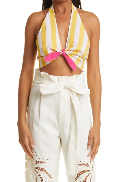 Farm Rio Cropped Striped Cotton-poplin Halterneck Top In Multi